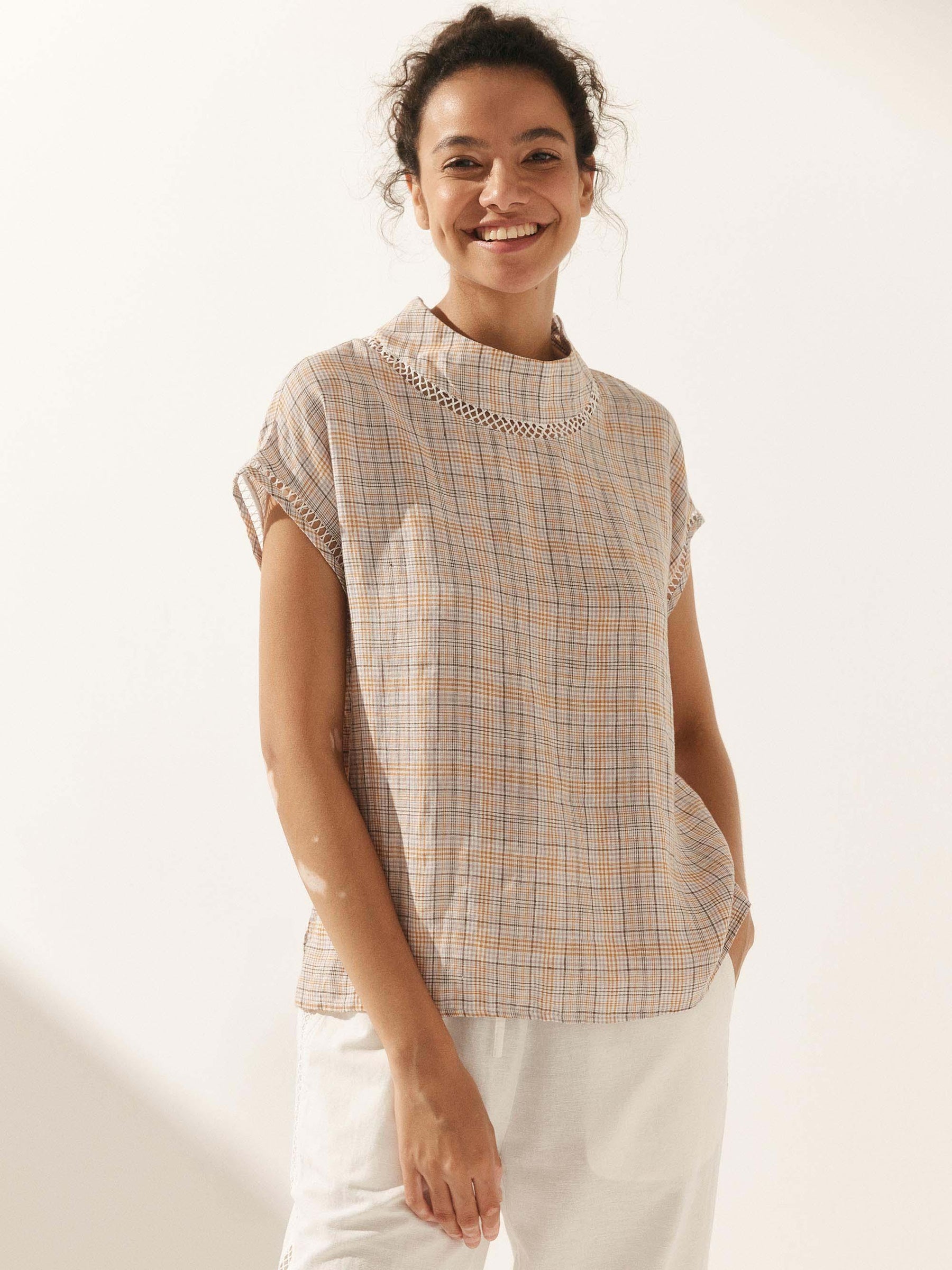100% Linen Gingham Checked Cutout Turtleneck Top CAROL - Glamourous Grace