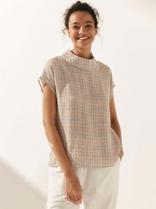 100% Linen Gingham Checked Cutout Turtleneck Top CAROL - Glamourous Grace