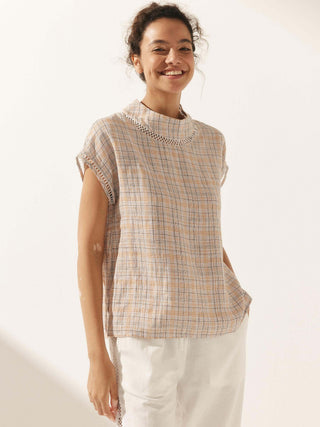 100% Linen Gingham Checked Cutout Turtleneck Top CAROL - Glamourous Grace