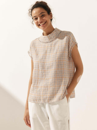 100% Linen Gingham Checked Cutout Turtleneck Top CAROL - Glamourous Grace