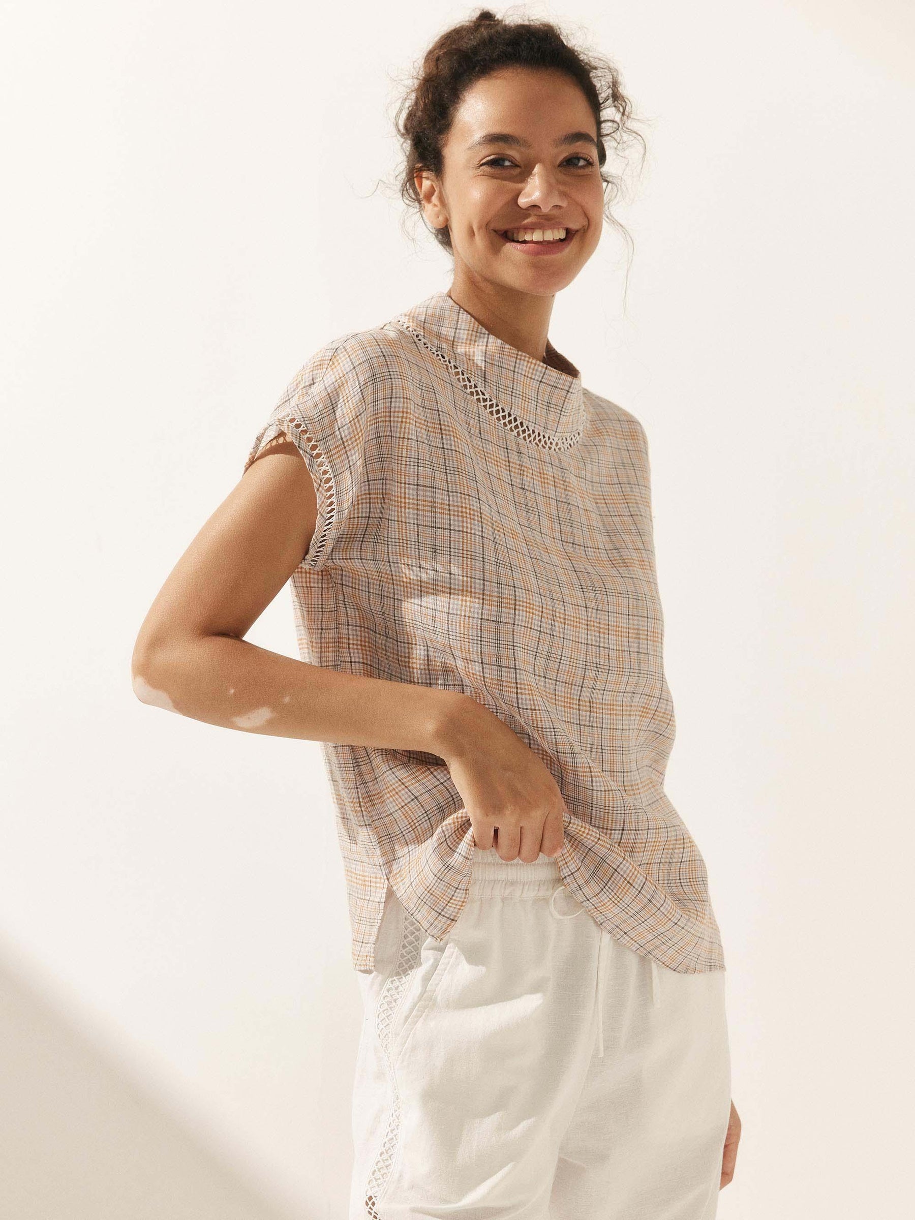 100% Linen Gingham Checked Cutout Turtleneck Top CAROL - Glamourous Grace