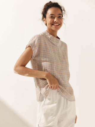 100% Linen Gingham Checked Cutout Turtleneck Top CAROL - Glamourous Grace