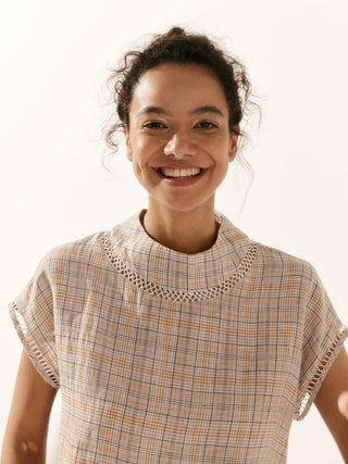 100% Linen Gingham Checked Cutout Turtleneck Top CAROL - Glamourous Grace