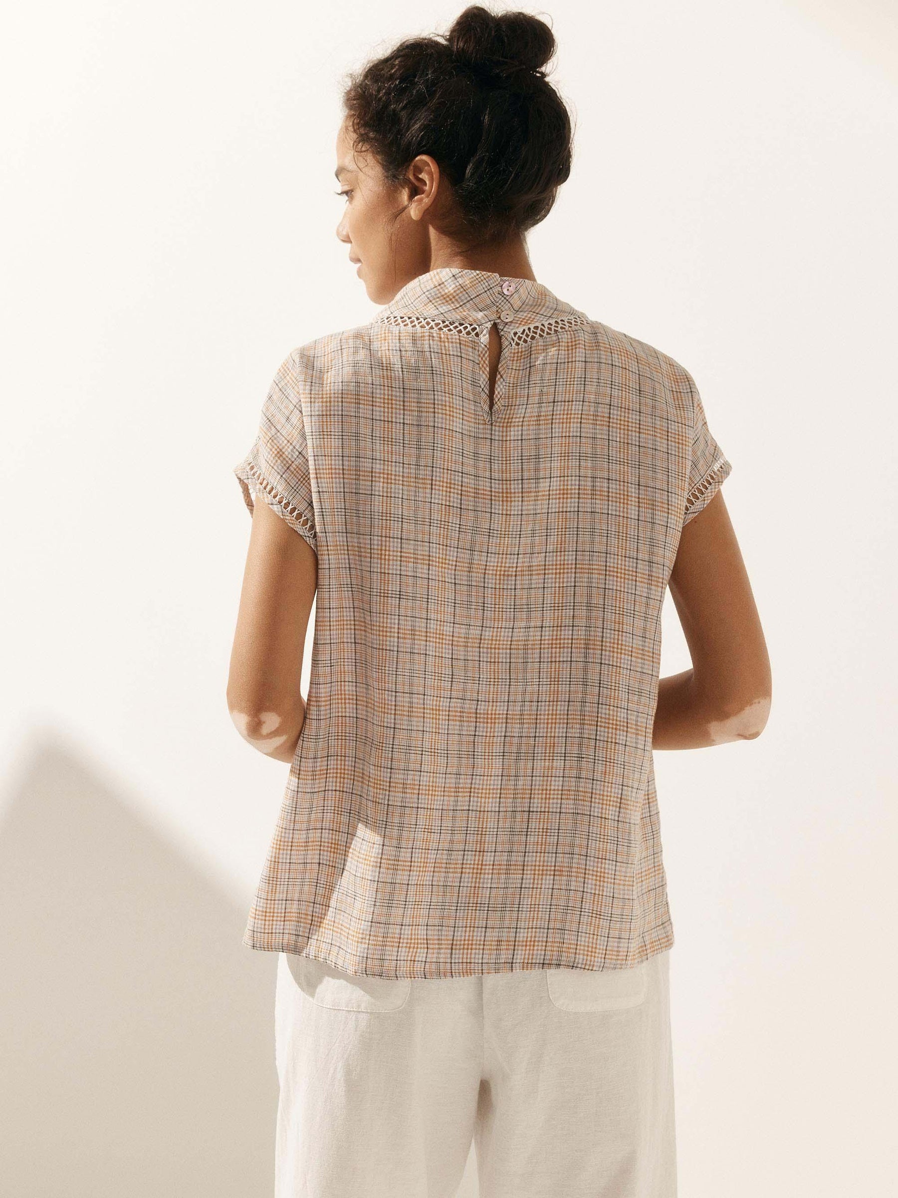 100% Linen Gingham Checked Cutout Turtleneck Top CAROL - Glamourous Grace