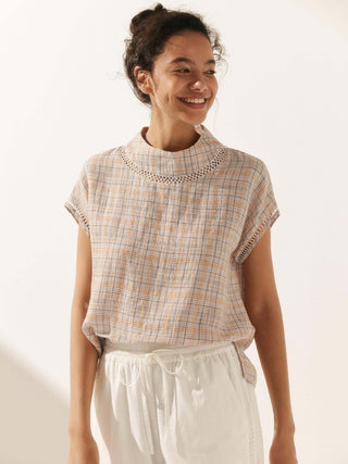 100% Linen Gingham Checked Cutout Turtleneck Top CAROL - Glamourous Grace