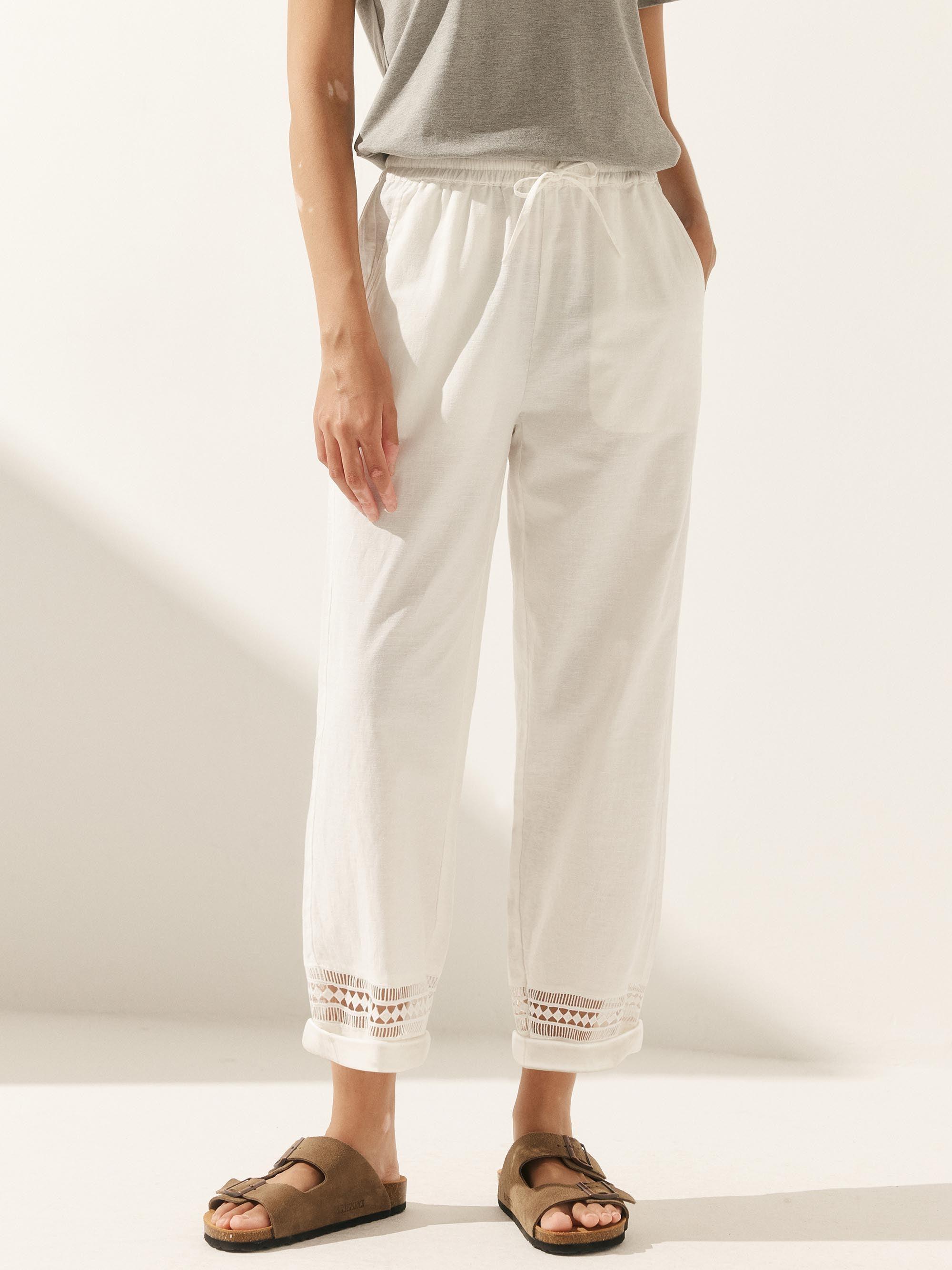 Linen Hollow Lace Stitching Elastic Waist Ankle Length Pants RITA - Glamourous Grace