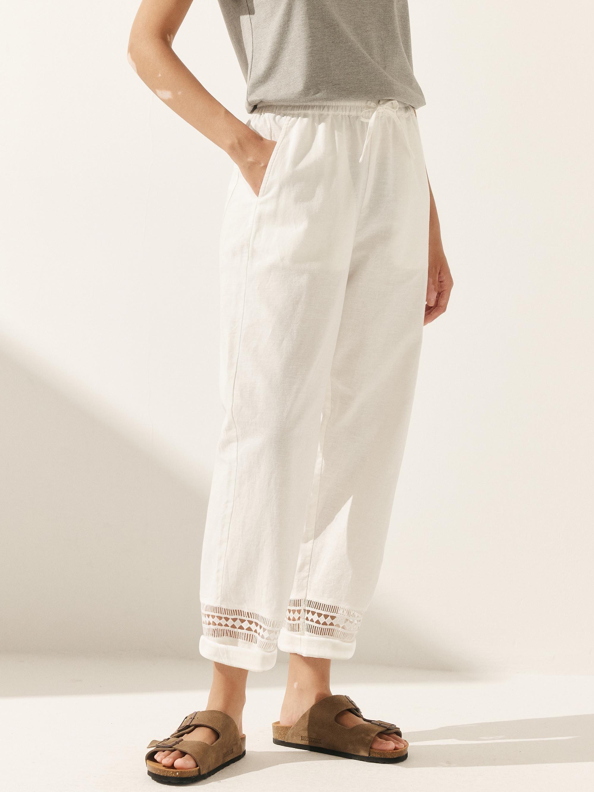 Linen Hollow Lace Stitching Elastic Waist Ankle Length Pants RITA - Glamourous Grace
