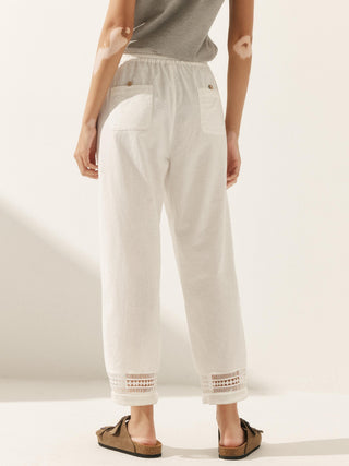 Linen Hollow Lace Stitching Elastic Waist Ankle Length Pants RITA - Glamourous Grace