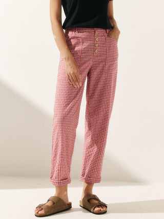 LINTICO Linen Simple Button Fly Trousers HEIDI, beige linen blend pants with front button closure and relaxed fit.