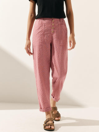 LINTICO Linen Simple Button Fly Trousers HEIDI, beige linen blend pants with front button closure and relaxed fit.