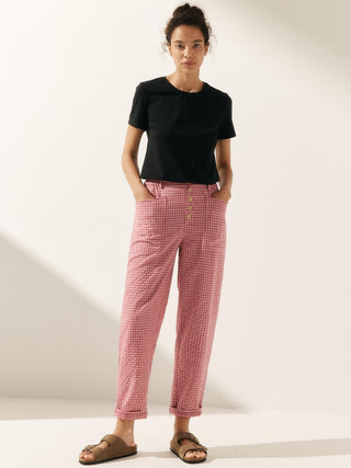 LINTICO Heidi linen blend button fly trousers in neutral color, casual bottoms with relaxed fit and simple design.
