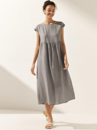 LINTICO 100% linen cap sleeve washed maxi dress with midi length and relaxed fit, featuring a natural linen texture and casual style.