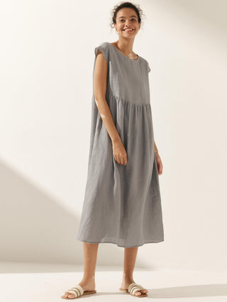 LINTICO 100% linen cap sleeve washed maxi dress with a relaxed fit, featuring a midi length and natural linen texture.