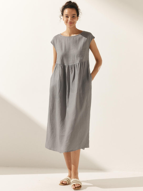 100% Linen Cap Sleeve Washed Midi Dress JOAN - Glamourous Grace