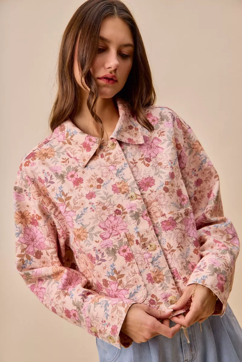 SO ME Floral Print Cotton Twill Button Down Barn Jacket - Glamourous Grace