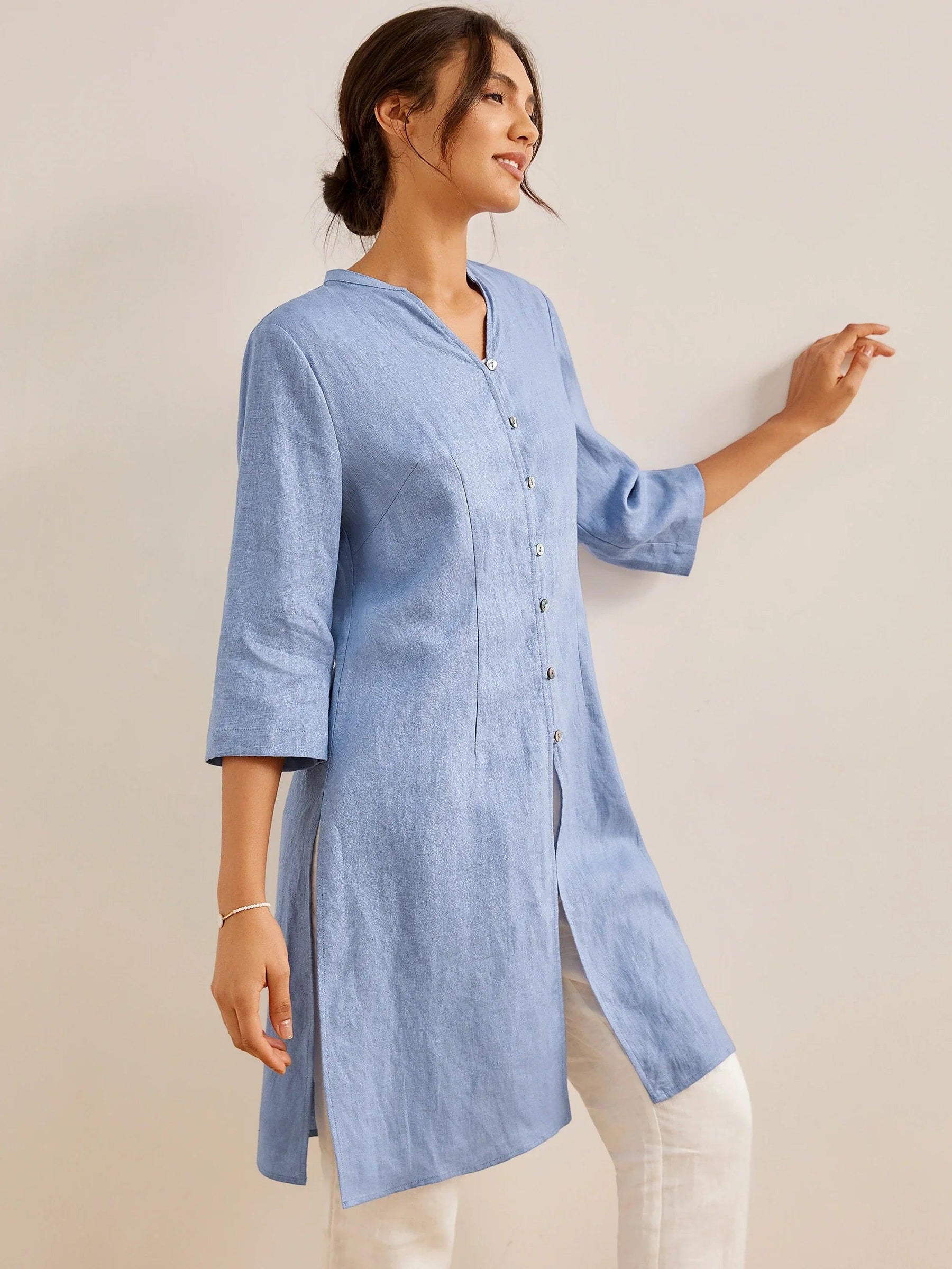 100% Linen Hand Button Long Top DILLON - Glamourous Grace