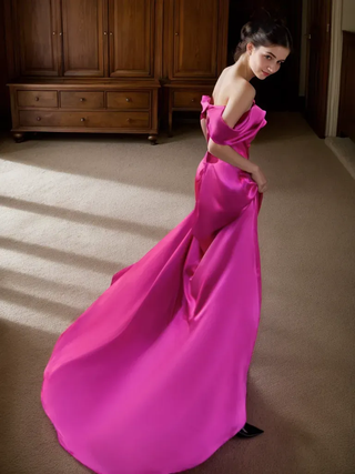 Radiant Fuchsia Off-Shoulder Satin Gown with Elegant Train - Glamourous Grace