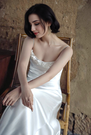 Vintage Rose-Trimmed Satin Slip Wedding Dress with Spaghetti Straps - Glamourous Grace