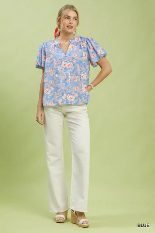 Umgee Floral Button-Front Short Sleeve Shirt - Glamourous Grace