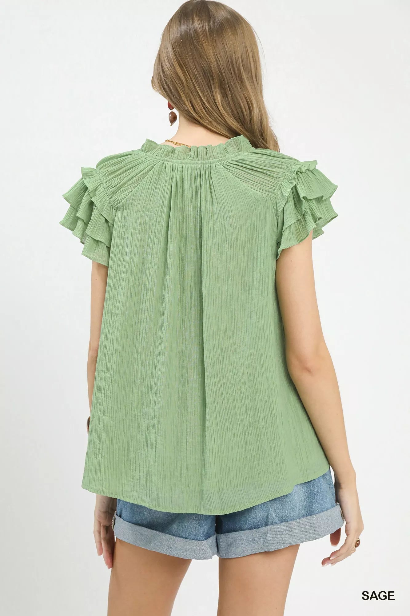 Umgee Ruffled Flutter Sleeve Textured Blouse - Glamourous Grace
