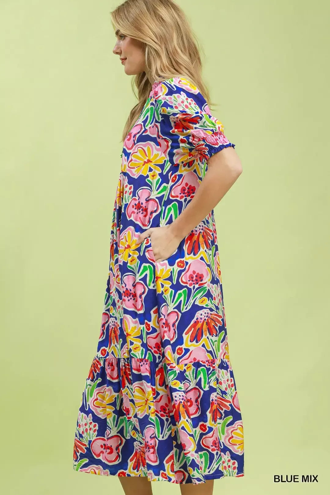 Umgee Floral Print Puff Sleeve Tiered Midi Dress - Glamourous Grace