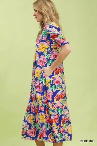 Umgee Floral Print Puff Sleeve Tiered Midi Dress - Glamourous Grace
