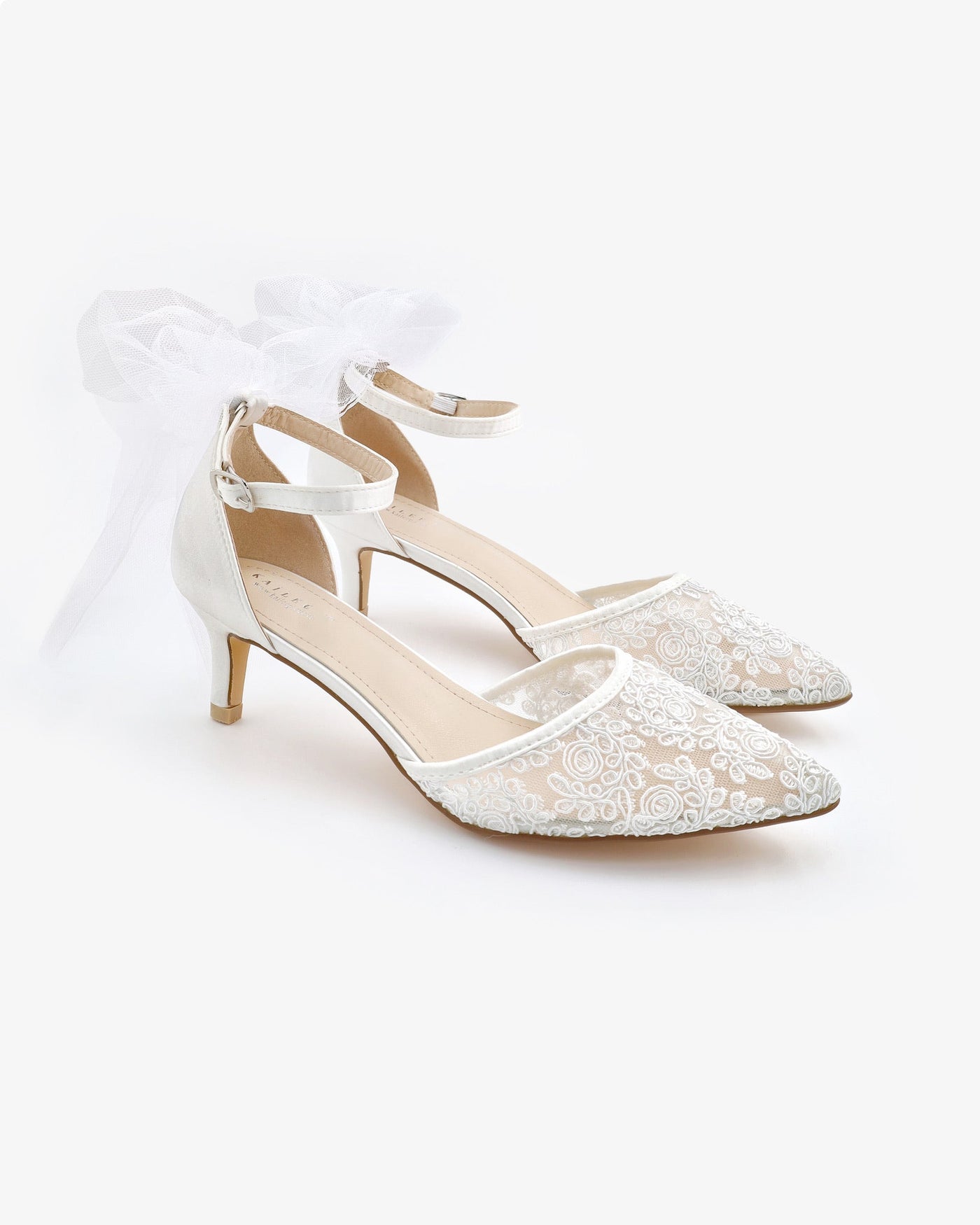 Crochet Lace Pointy Toe Wedding Kitten Low Heel with Tulle Back Bow - Glamourous Grace