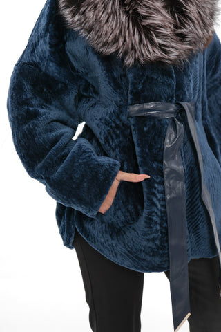 Calabria Genuine Astrakhan Silver Fox Trim Coat