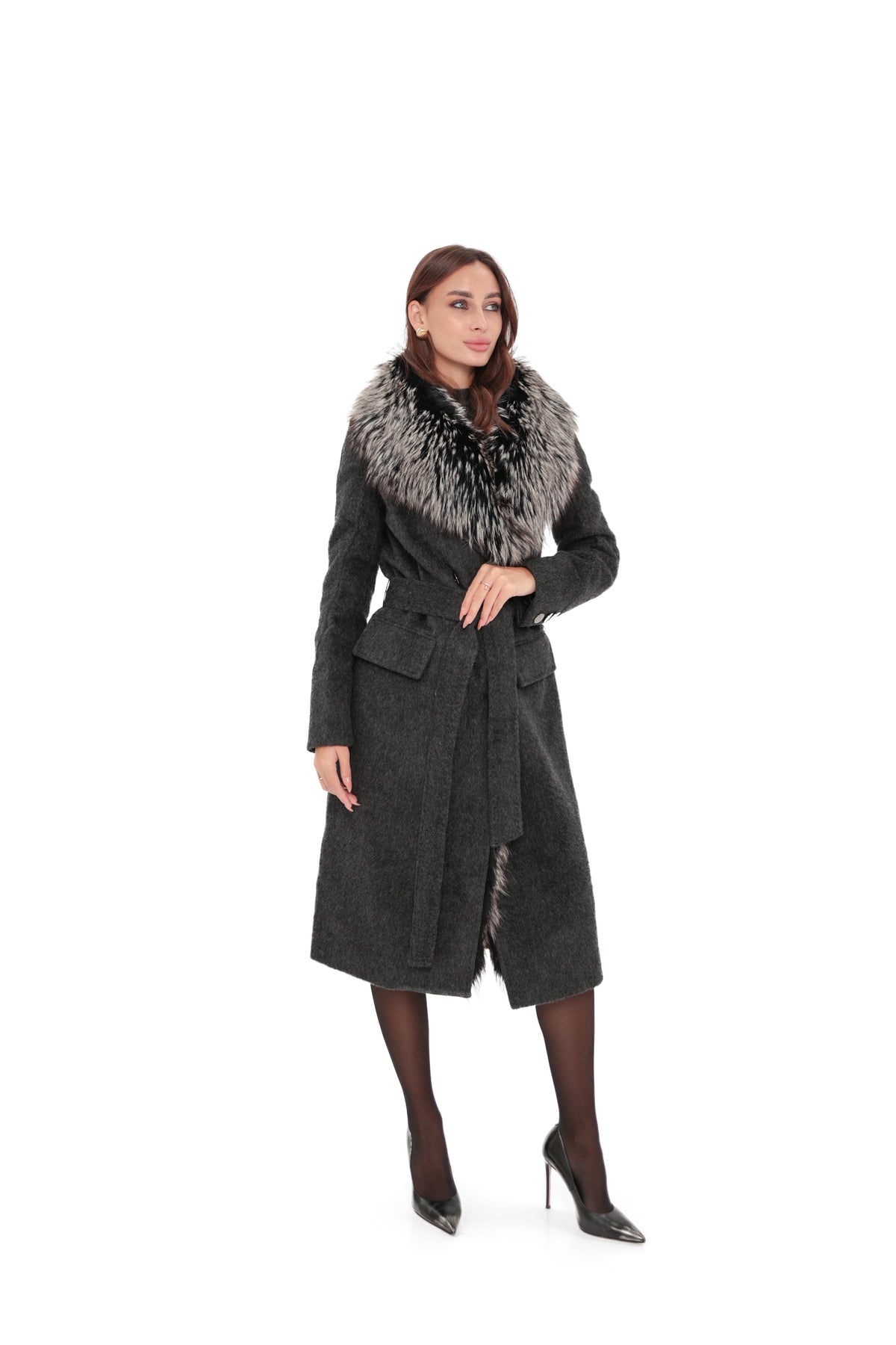 Genuine Silver Fox Cashmere Blend Coat