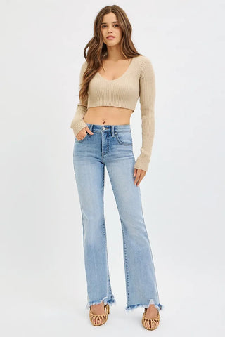 RISEN Tummy Control Mid Rise Flare Fray Hem Denim Jeans