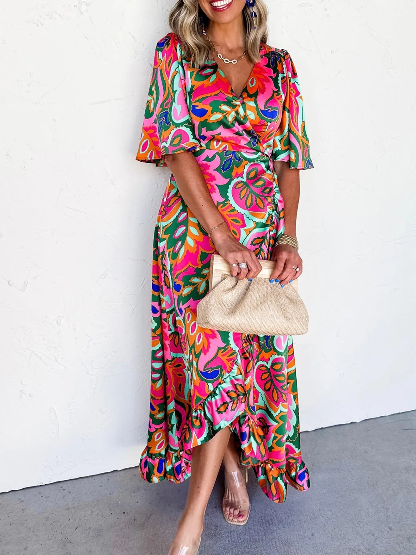 Floral Print Wrap Maxi Dress with Ruffle Details - Glamourous Grace