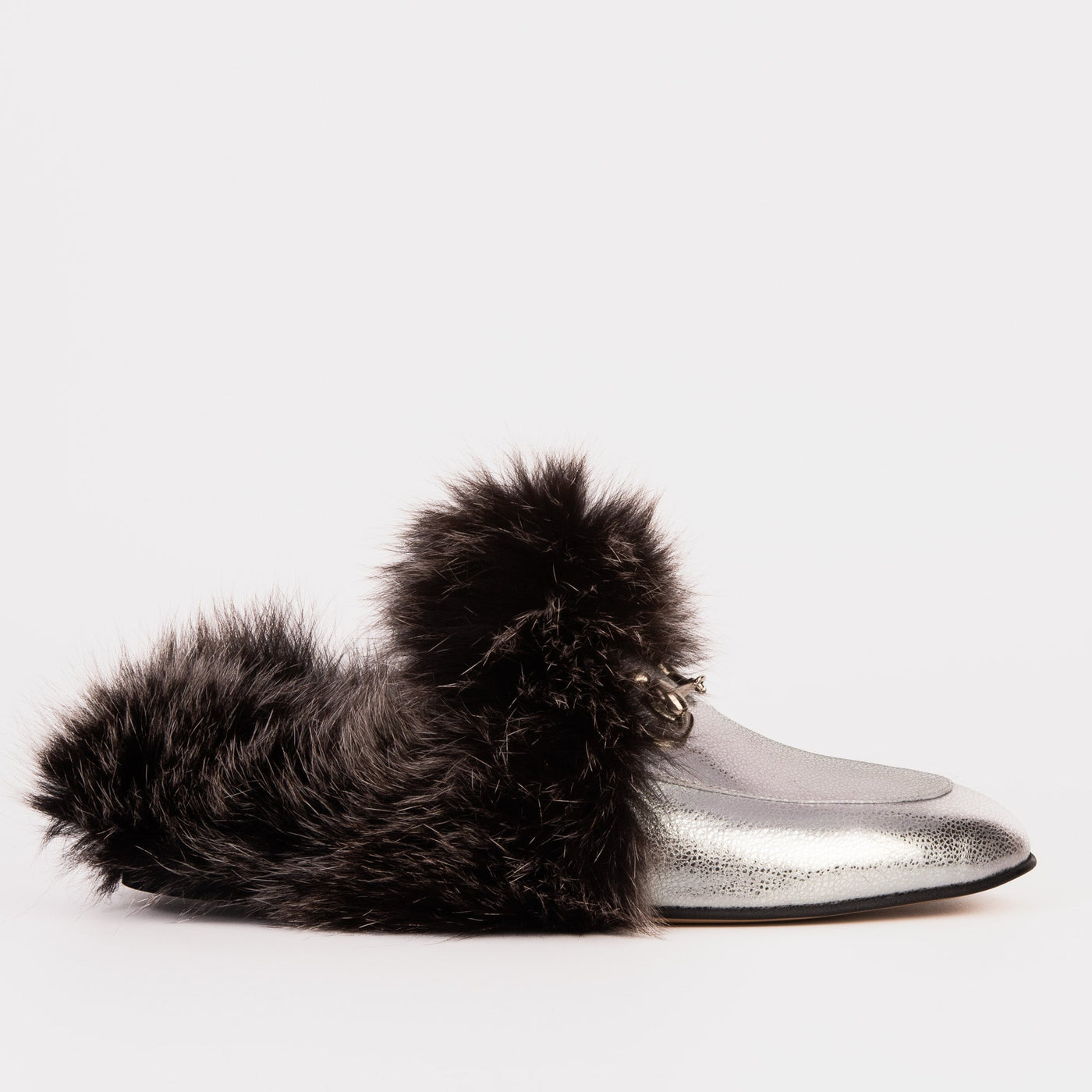 The Izmir Silver Leather Natural Fur Women Slipper - Glamourous Grace