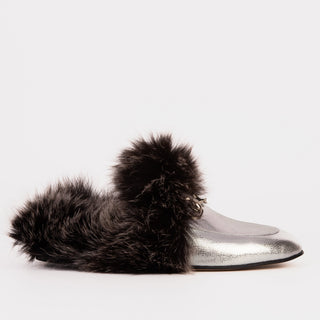 The Izmir Silver Leather Natural Fur Women Slipper - Glamourous Grace