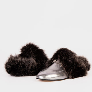 The Izmir Silver Leather Natural Fur Women Slipper - Glamourous Grace