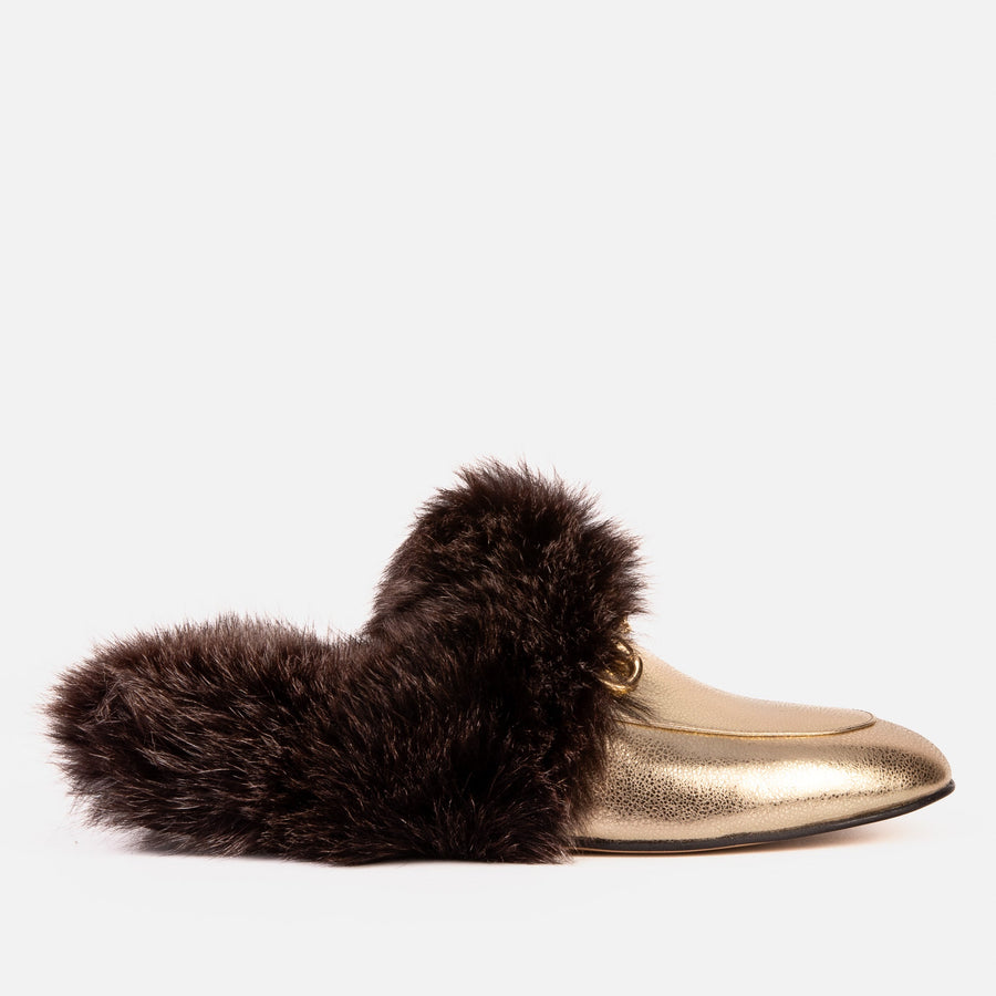 The Izmir Gold Leather Natural Fur Women Slipper - Glamourous Grace