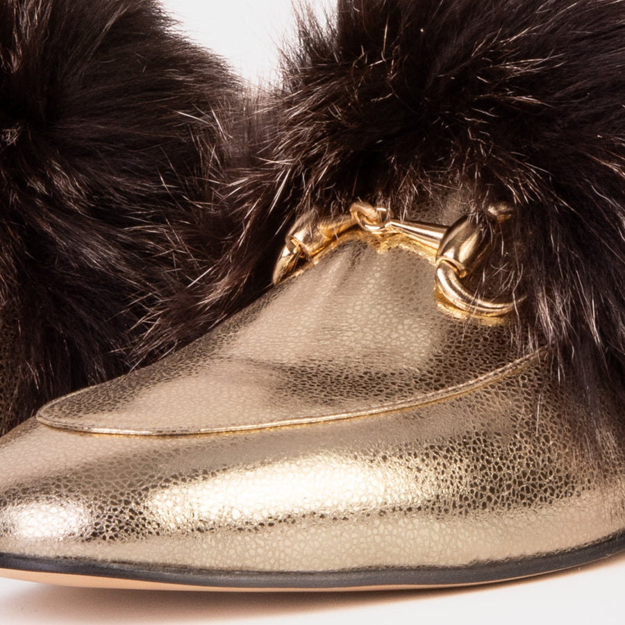 The Izmir Gold Leather Natural Fur Women Slipper - Glamourous Grace