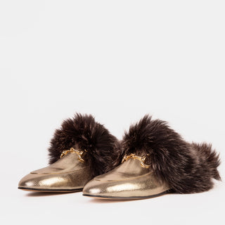 The Izmir Gold Leather Natural Fur Women Slipper - Glamourous Grace
