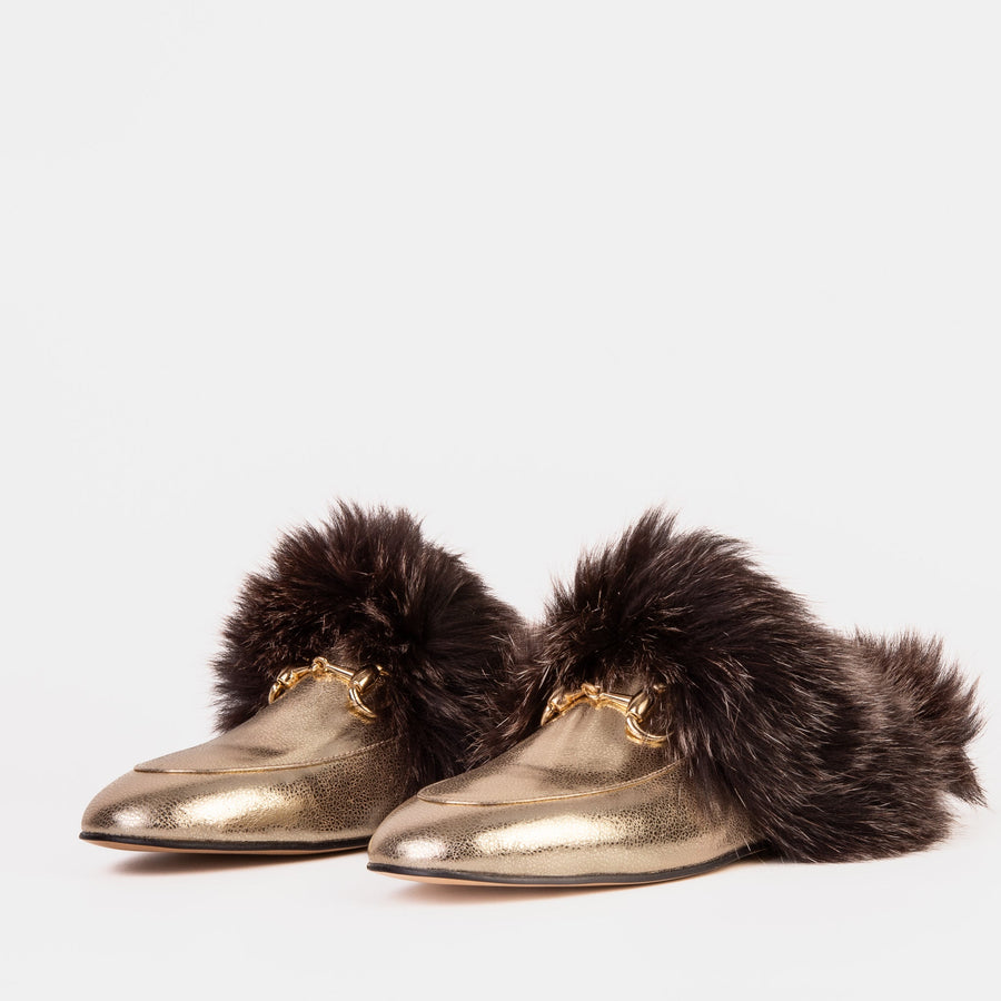 The Izmir Gold Leather Natural Fur Women Slipper - Glamourous Grace
