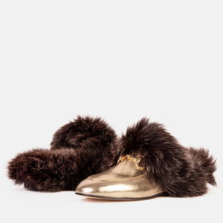 The Izmir Gold Leather Natural Fur Women Slipper - Glamourous Grace