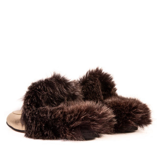 The Izmir Gold Leather Natural Fur Women Slipper - Glamourous Grace