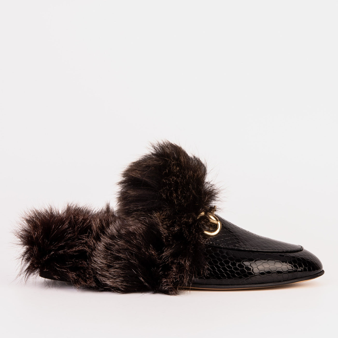 The Izmir Black Patent Leather Natural Fur Women Slipper - Glamourous Grace