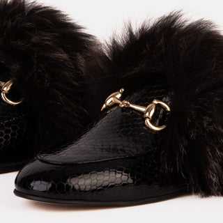 The Izmir Black Patent Leather Natural Fur Women Slipper - Glamourous Grace