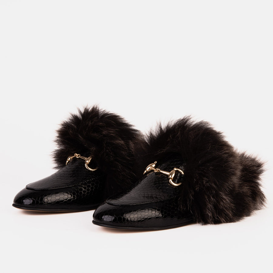 The Izmir Black Patent Leather Natural Fur Women Slipper - Glamourous Grace