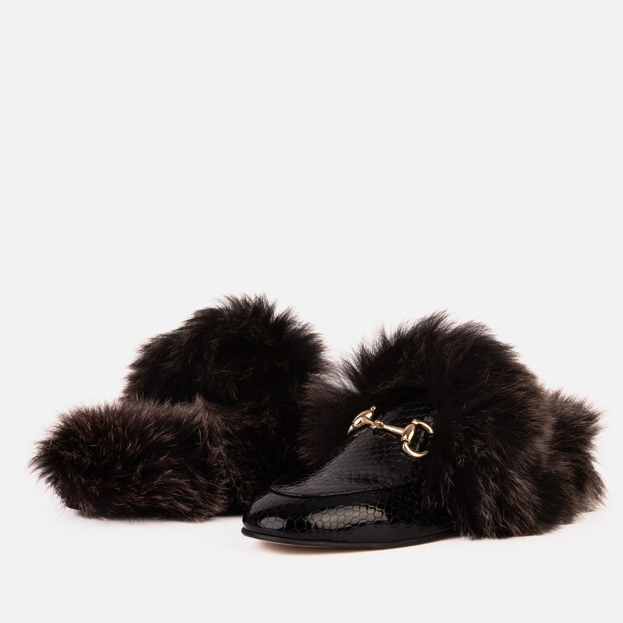 The Izmir Black Patent Leather Natural Fur Women Slipper - Glamourous Grace