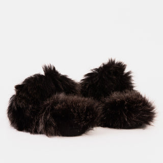 The Izmir Black Patent Leather Natural Fur Women Slipper - Glamourous Grace