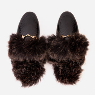 The Izmir Black Patent Leather Natural Fur Women Slipper - Glamourous Grace