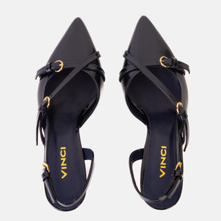 The Atlantic Navy Blue Leather Slingback Women Sandal - Glamourous Grace