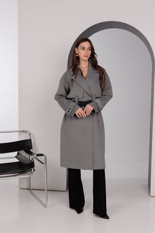 Karina Belted Wool Cashmere Blend Overcoat in Grey