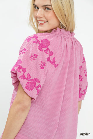 Umgee Embroidered Textured Flutter Sleeve Top - Glamourous Grace
