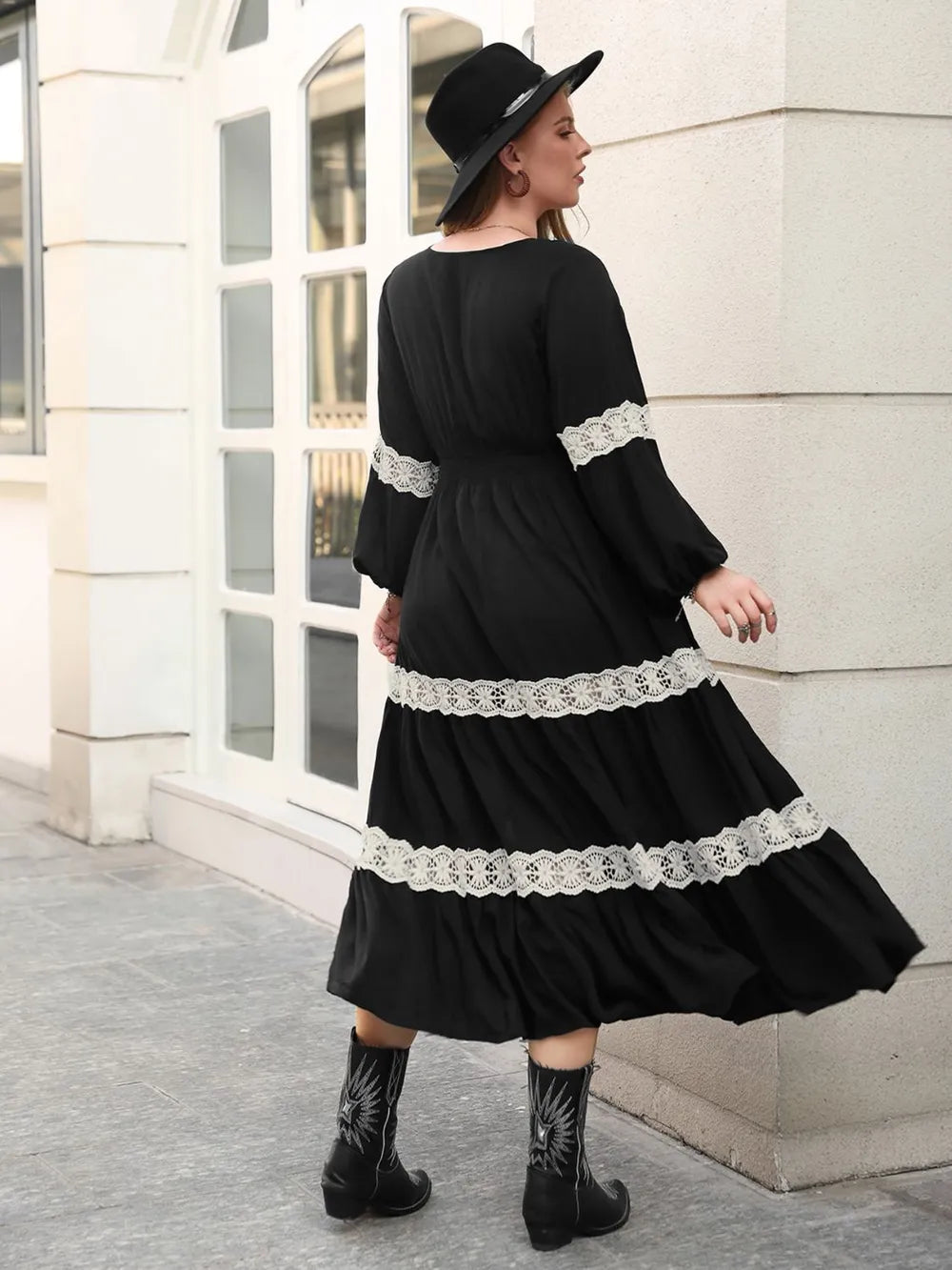 Plus Size Lace Detail V-Neck Long Sleeve Midi Dress - Glamourous Grace